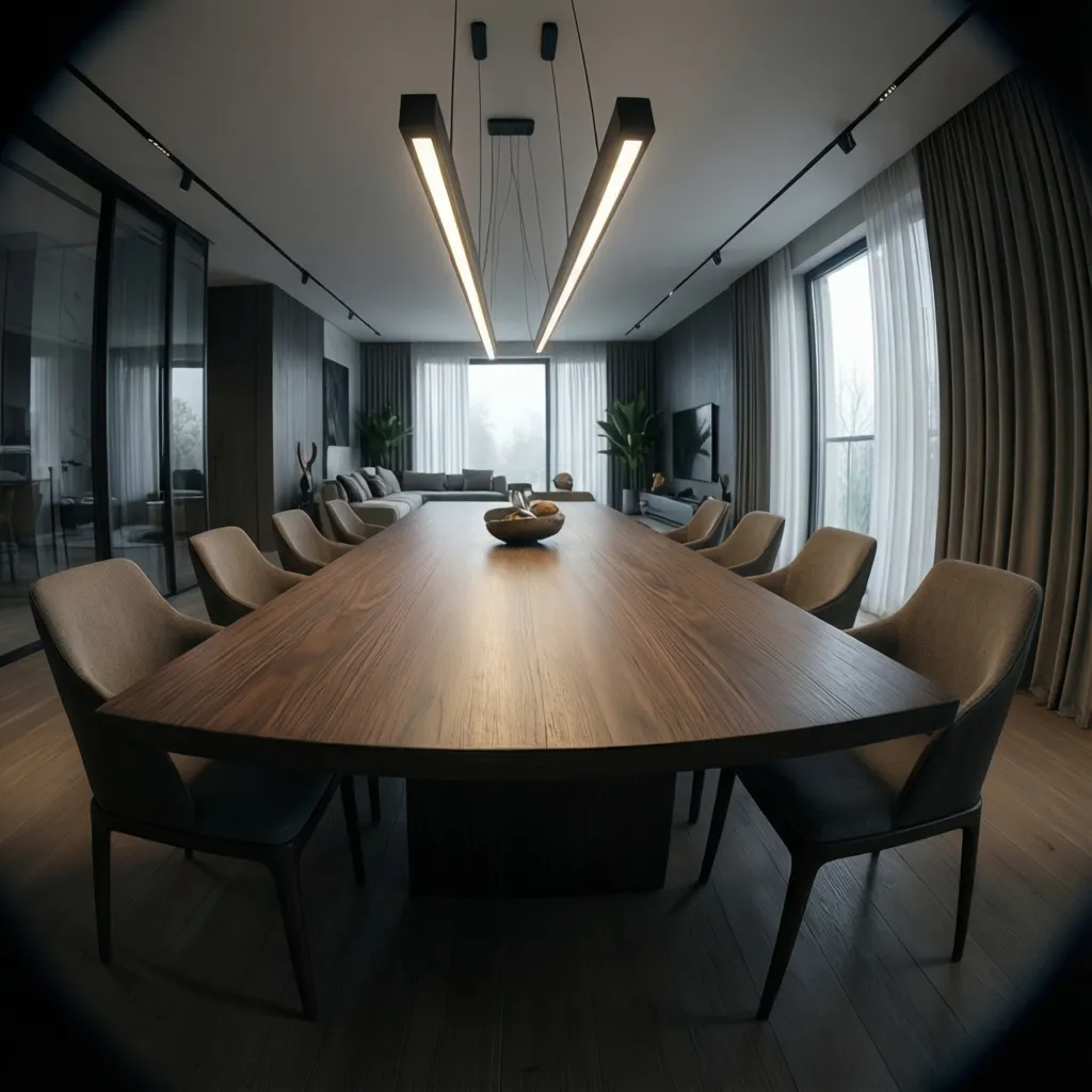 linear pendant light above long rectangular dining table