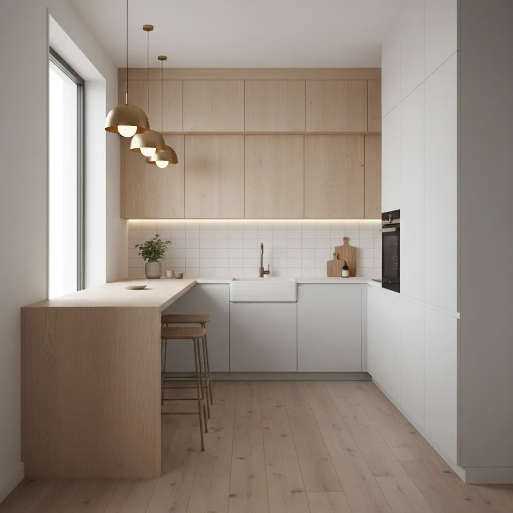 three pendant lights arranged linearly in a narrow kitchen