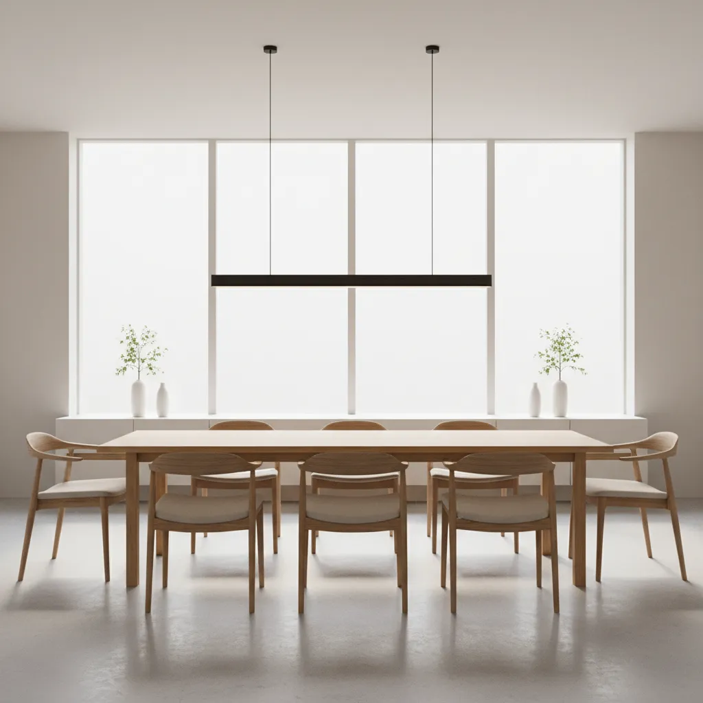 modern rectangular dining table with a linear pendant light centered above