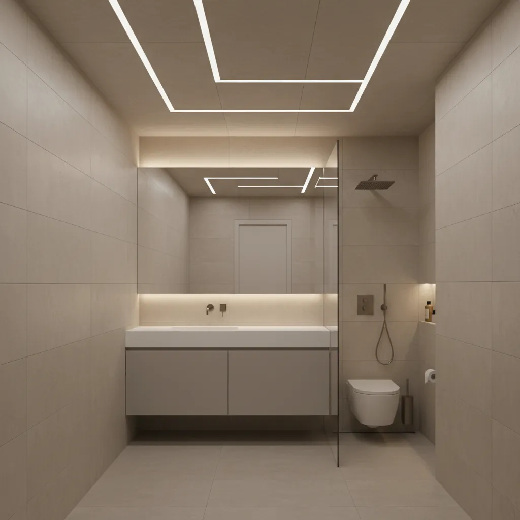 long bathroom with linear pop ceiling design and strip lighting