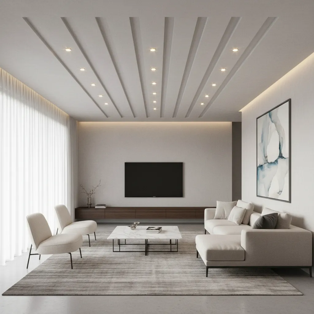 modern linear POP ceiling design with recessed spotlights in living hall