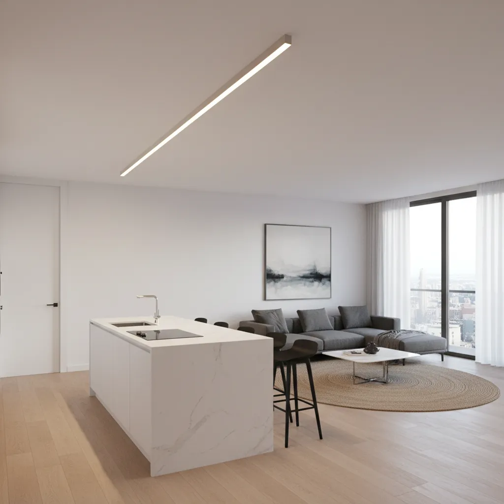 Linear POP ceiling strip connecting kitchen and living hall