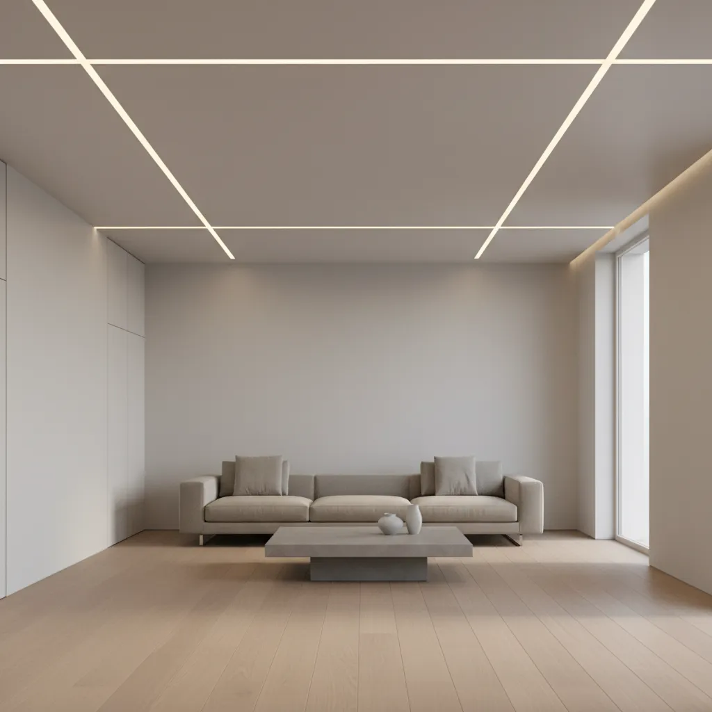 modern living room ceiling with parallel linear profile lights