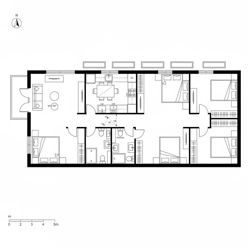 Black and white floor plan drawing showing four bedrooms two bathrooms living room and kitchen