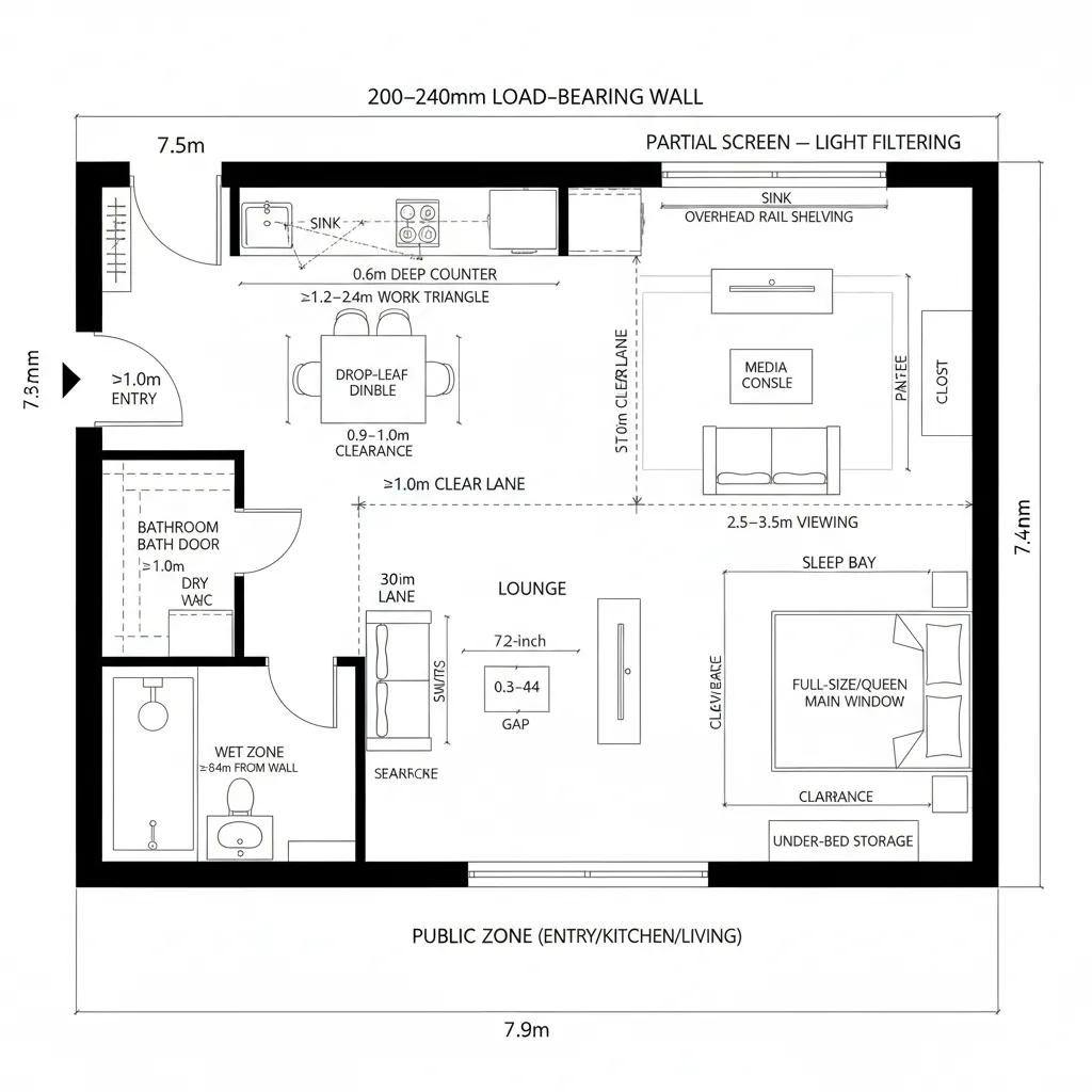 Interior design drawing of a studio apartment layout with kitchen dining lounge and a bedroom