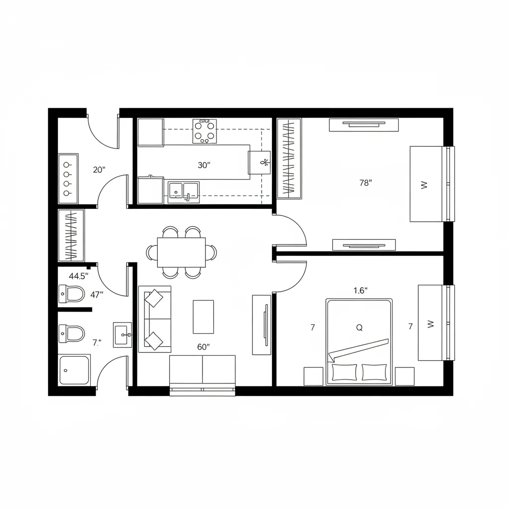 Top-down CAD plan of linear 1 BHK with entry, kitchen, living, and bedroom sequence