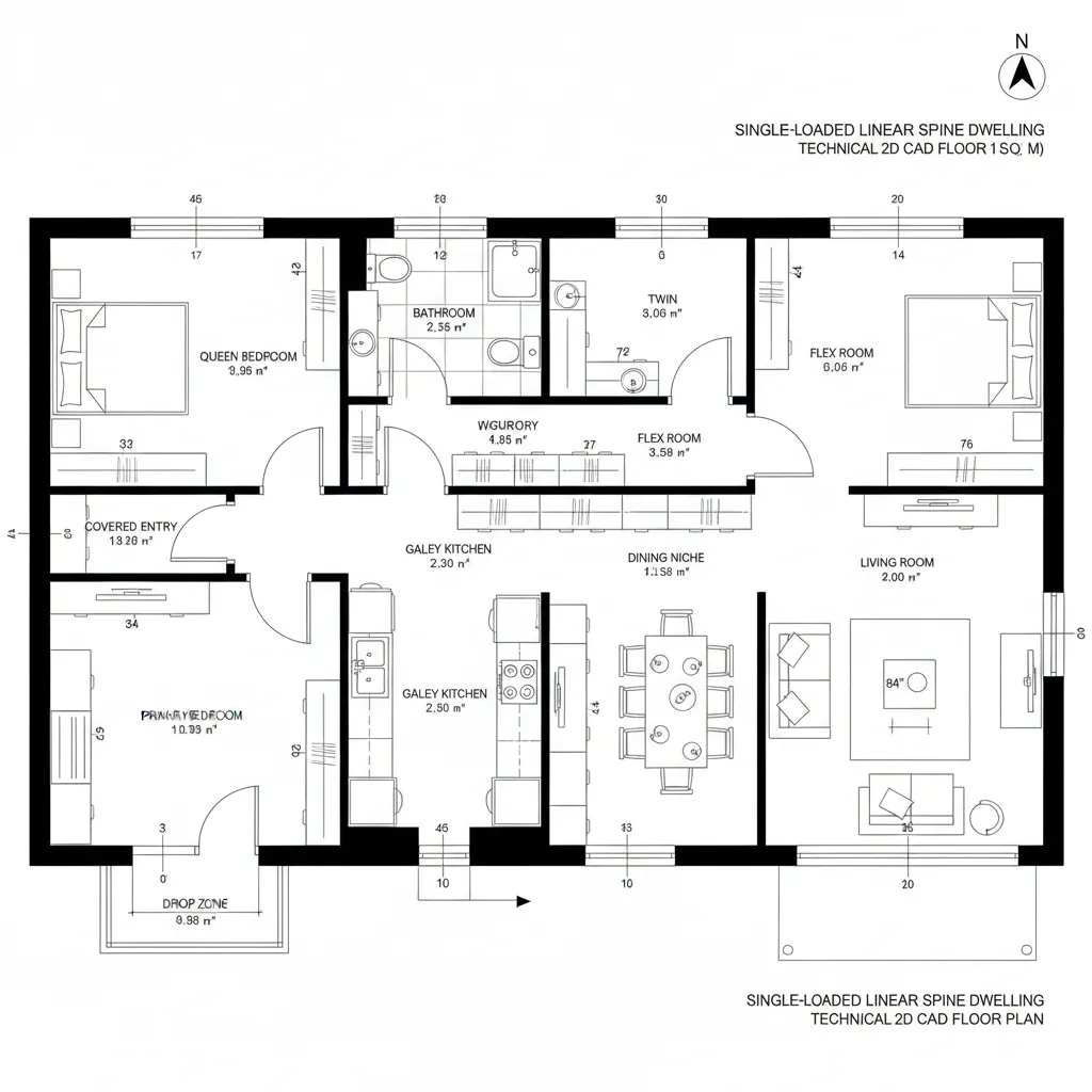 Technical 2D floor plan showing linear apartment layout with bedrooms kitchen dining and living room