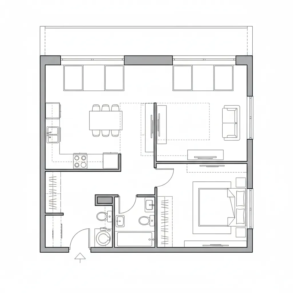 Top-down 2D CAD floor plan of a linear ribbon layout with spine storage and galley kitchen
