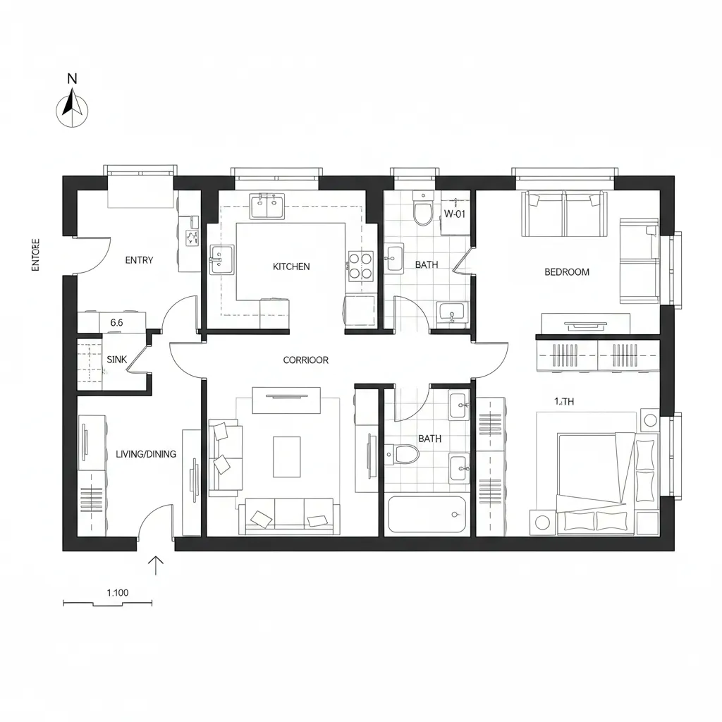 Black and white interior design drawing showing room layout with kitchen living area and bedroom