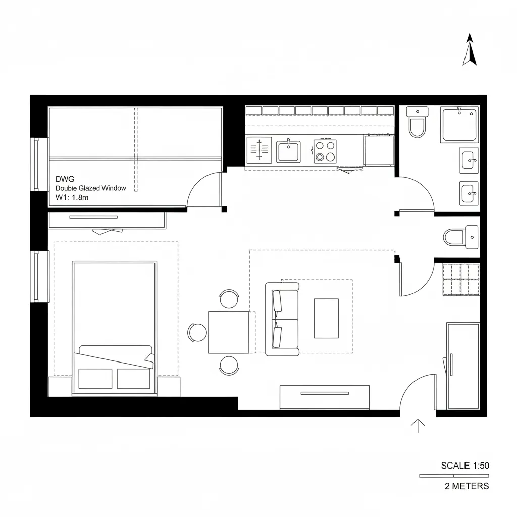 Small apartment floor plan with bedroom, living area, dining table, kitchen counter, and simple bathroom