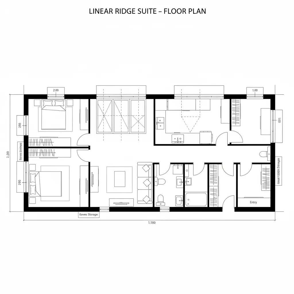 Detailed floor plan of a two bedroom apartment showing living room kitchen bathroom and storage areas