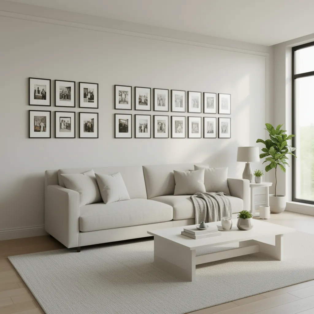 horizontal row layout of same size picture frames above a couch