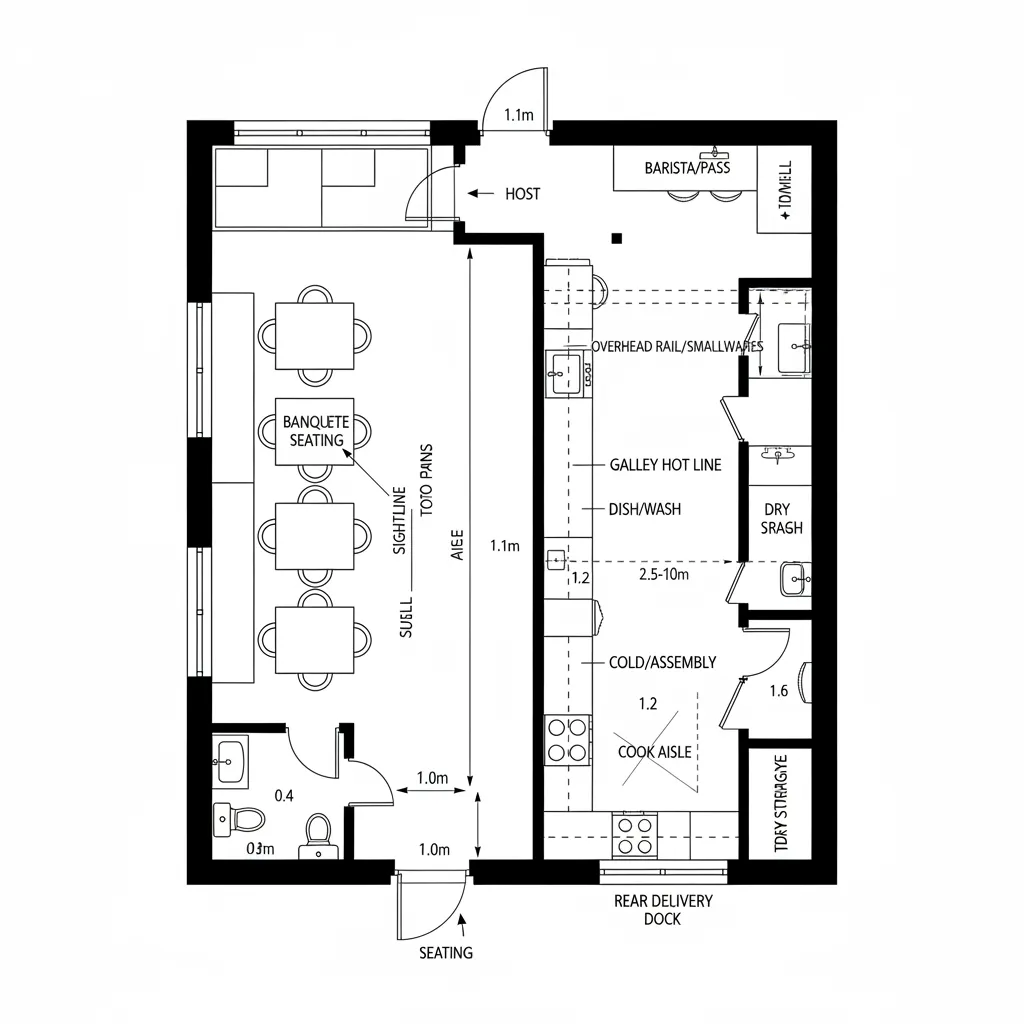 Top-down CAD plan showing a front-to-back service spine with left-side seating
