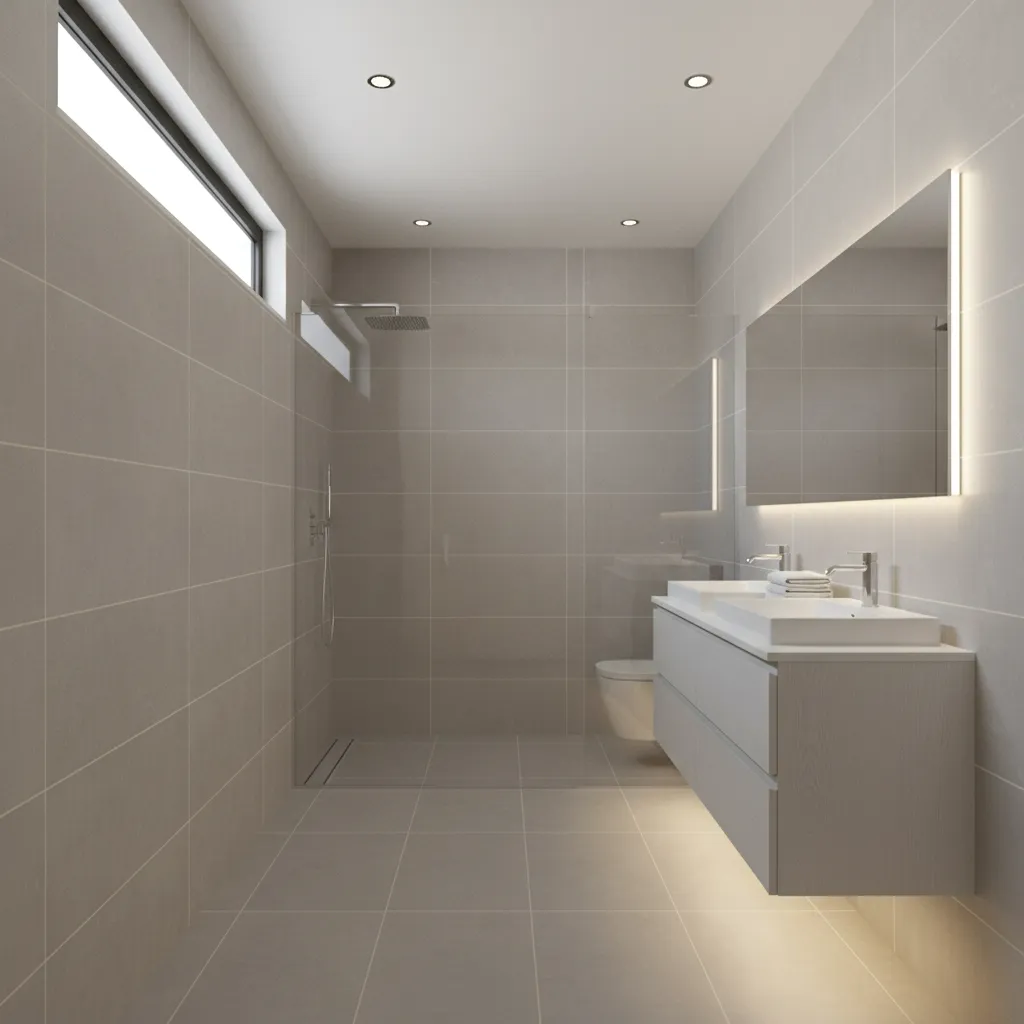 Linear shower layout at the end of a narrow bathroom