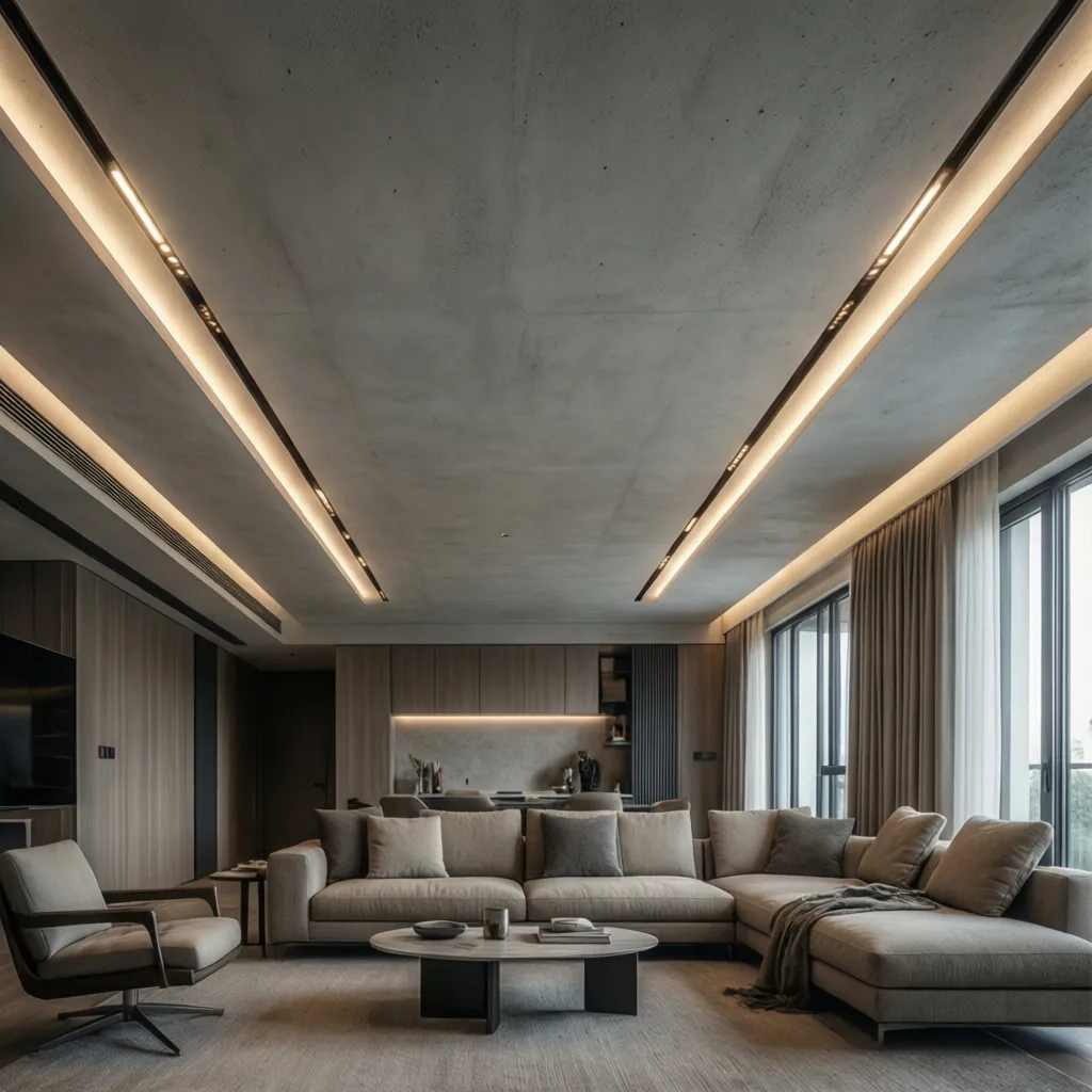 modern linear slot false ceiling lighting design in apartment living room