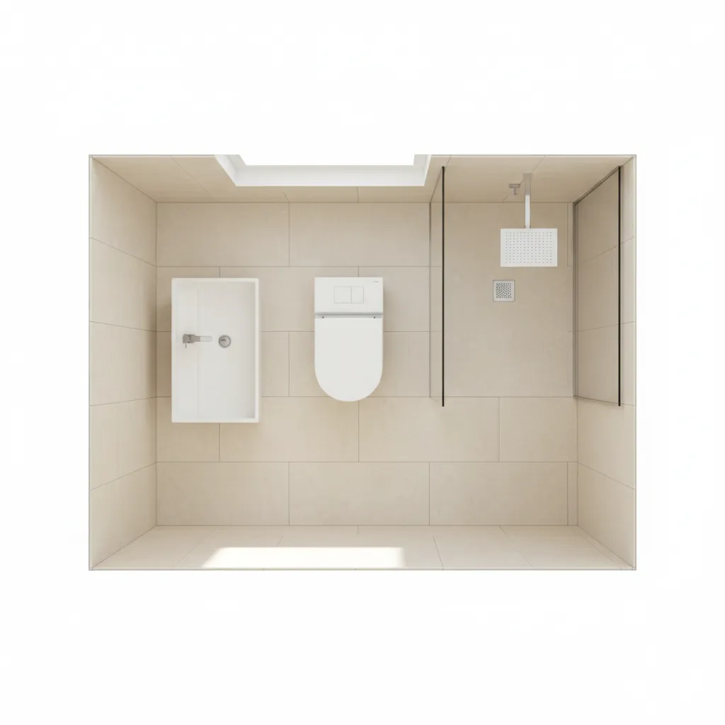 Linear layout arrangement for a small bathroom with sink toilet and shower aligned