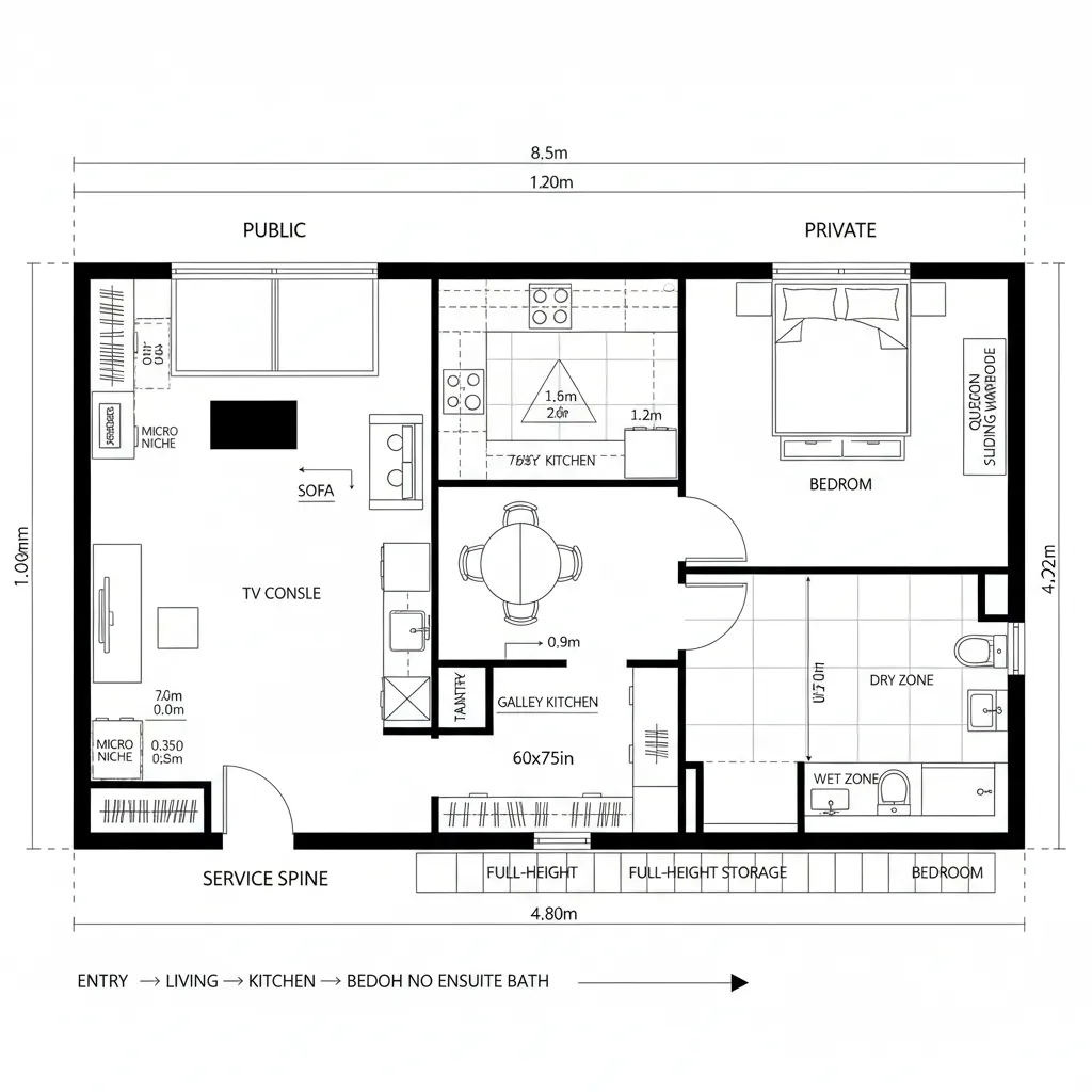 Top-down CAD plan of a linear 1BHK with spine storage and galley kitchen