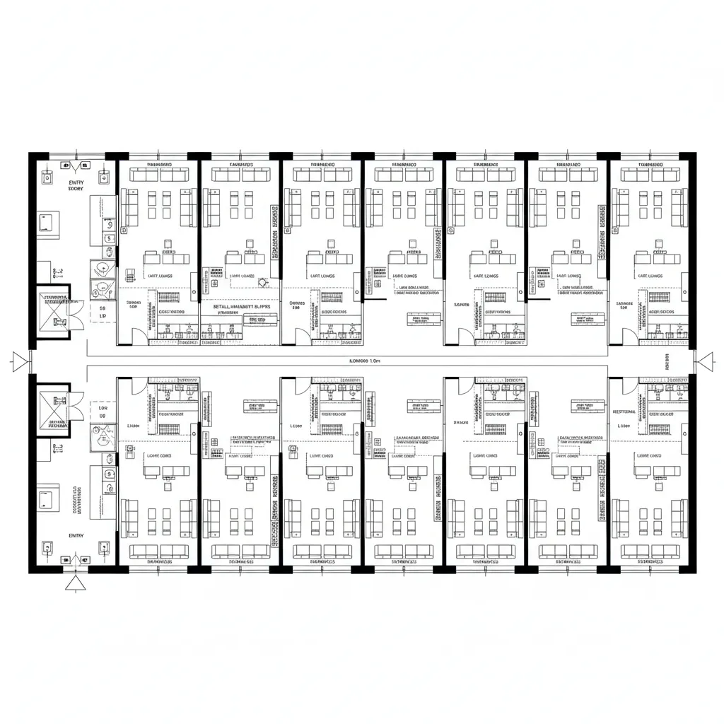 Top-down CAD plan of a linear concourse spine with modular gate lounge bays