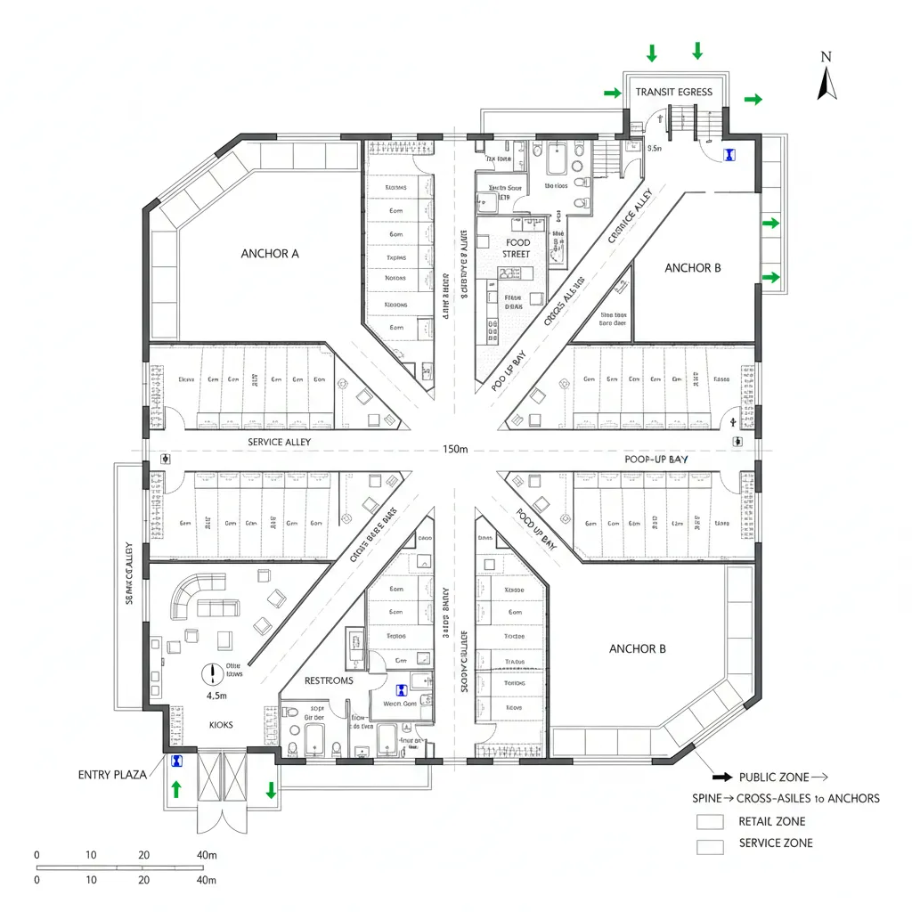 Top-down CAD plan with a straight central spine and perpendicular cross-aisles to anchors and food street
