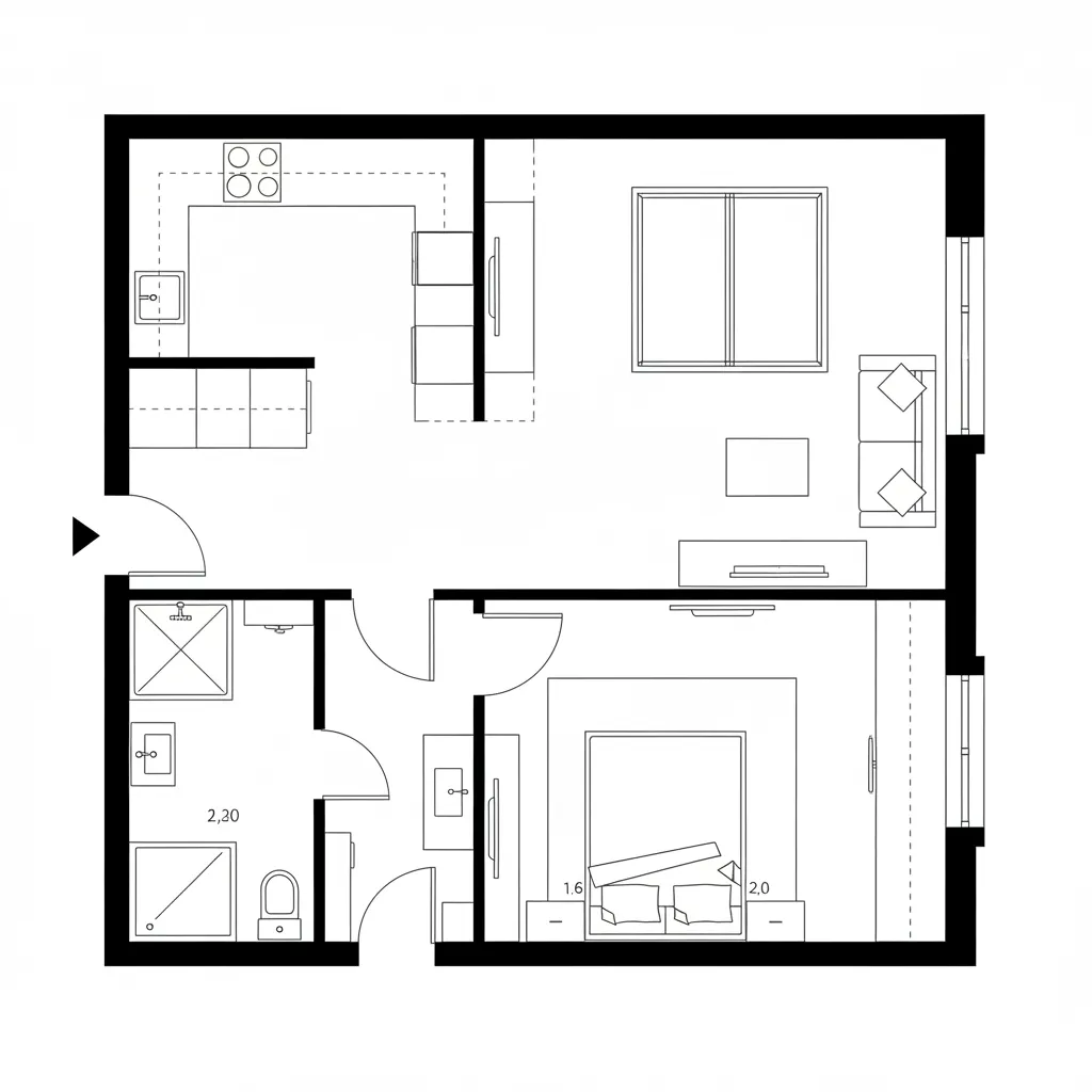 Top-down CAD plan of a linear spine 1 BHK with pocket sliding bedroom partition