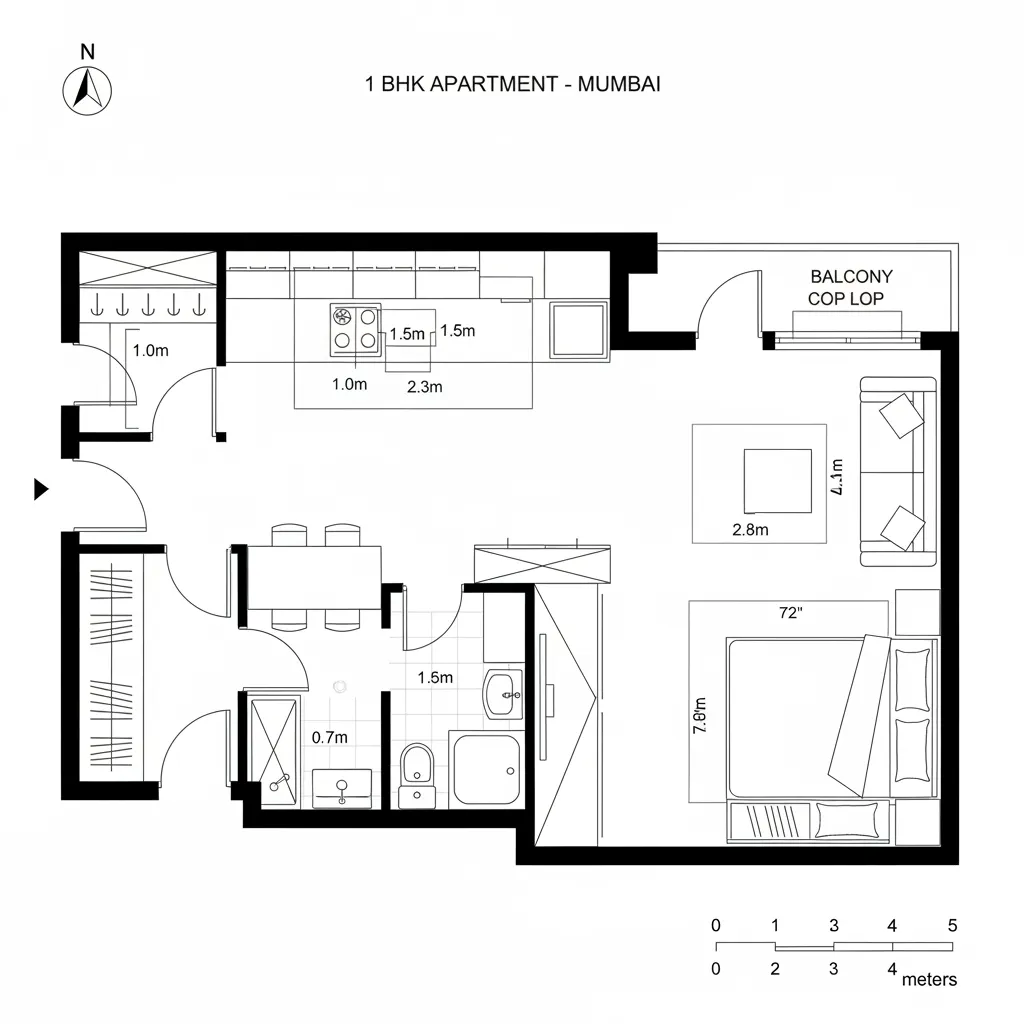 Top-down CAD floor plan with linear corridor spine, galley kitchen, sliding partition to bedroom, and balcony
