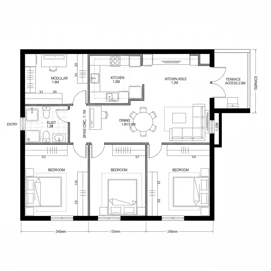 Modern floor plan showing three bedrooms along the bottom and a large open kitchen dining area