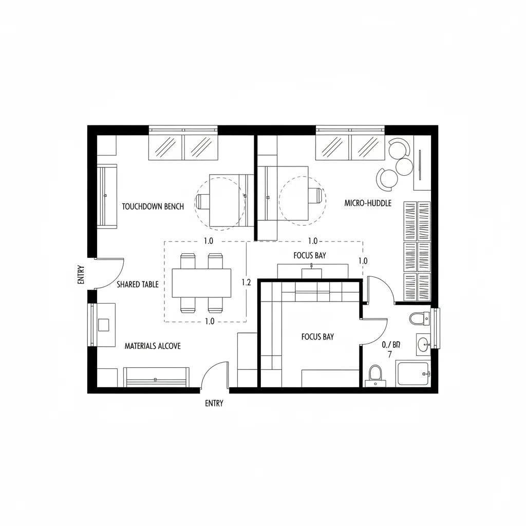 Top-down CAD plan of a 500 sq ft office with a linear work spine