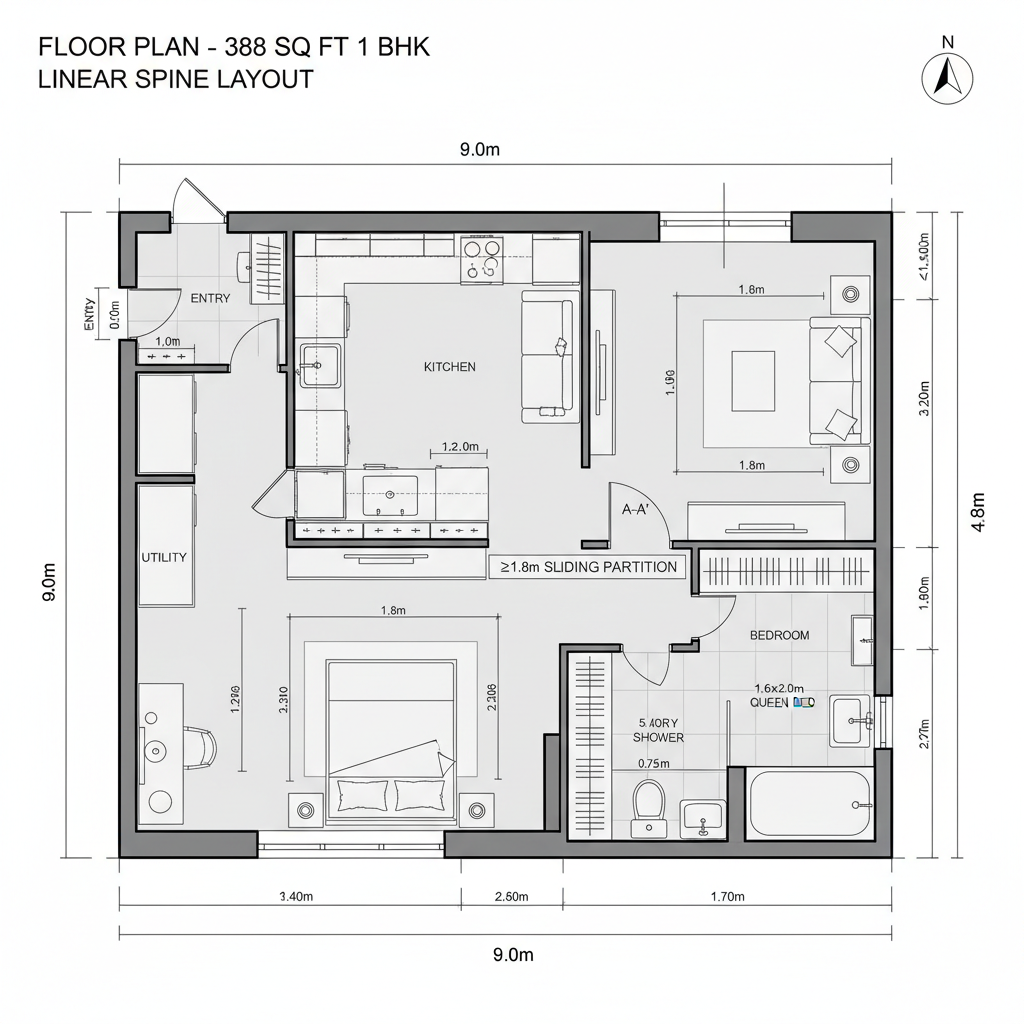 388 Sq Ft 1 BHK Flat Floor Plan: Fix a Cramped Layout