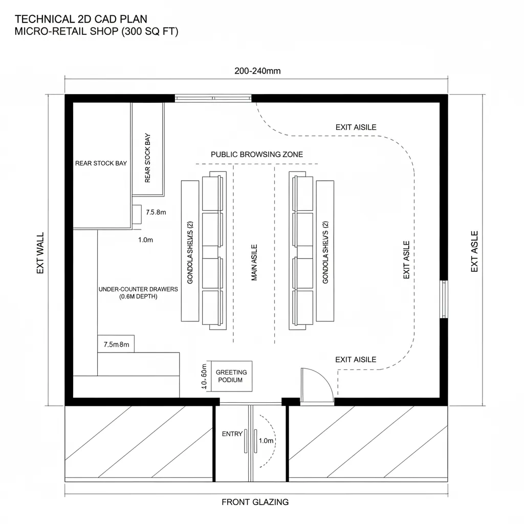 Interior design drawing of a small store with parallel shelving units aisles and back room