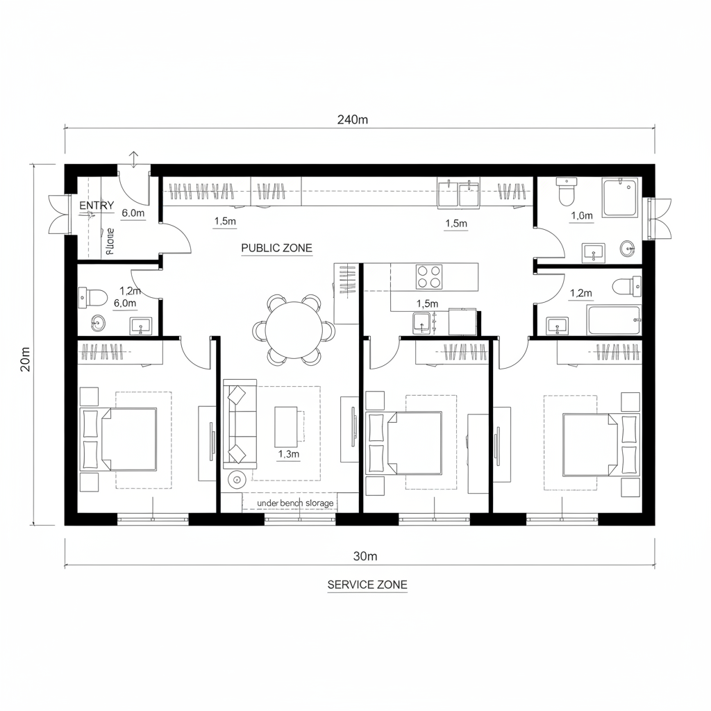 30x5 3BHK Floor Plan That Fixes Dark, Narrow Layouts
