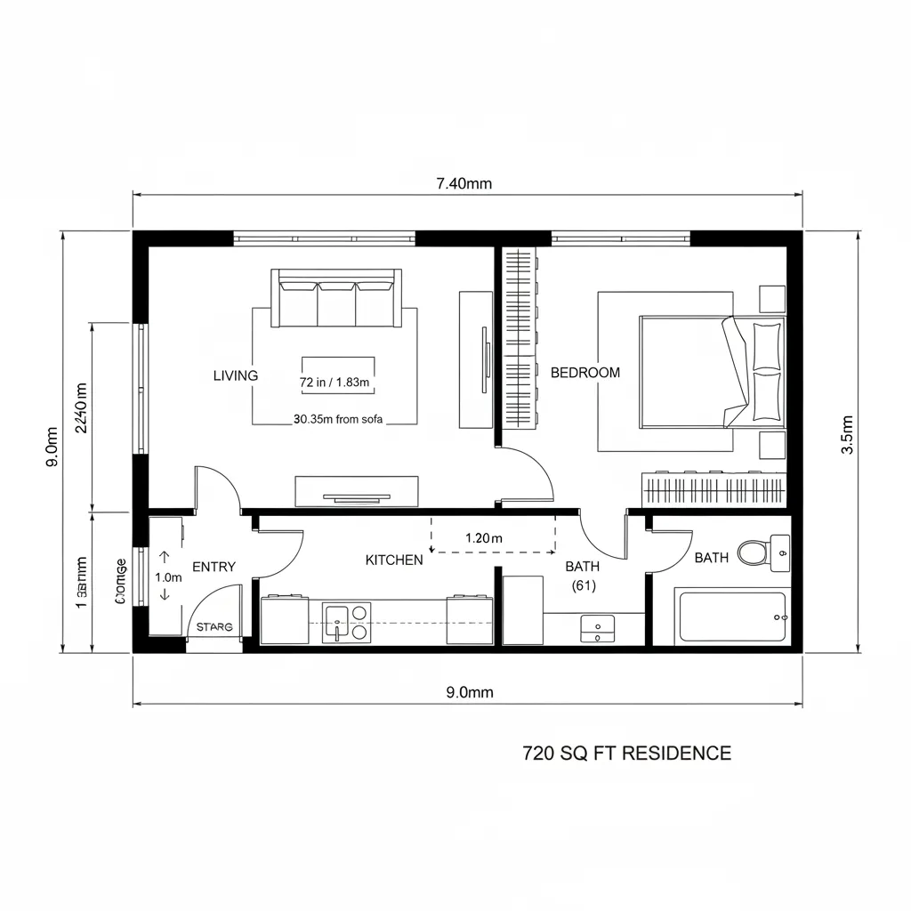 Top-down CAD plan with linear service spine and split zones