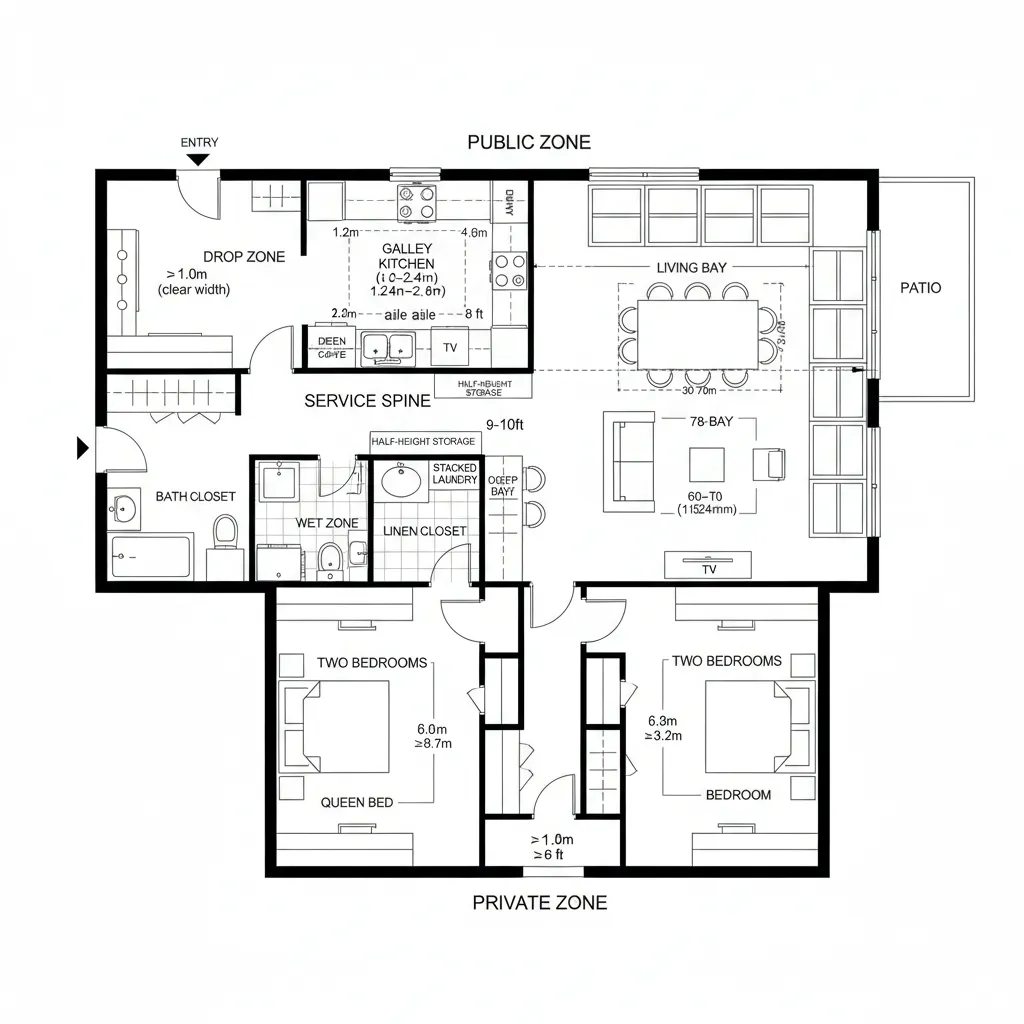 Top-down CAD plan with central service spine and living bay