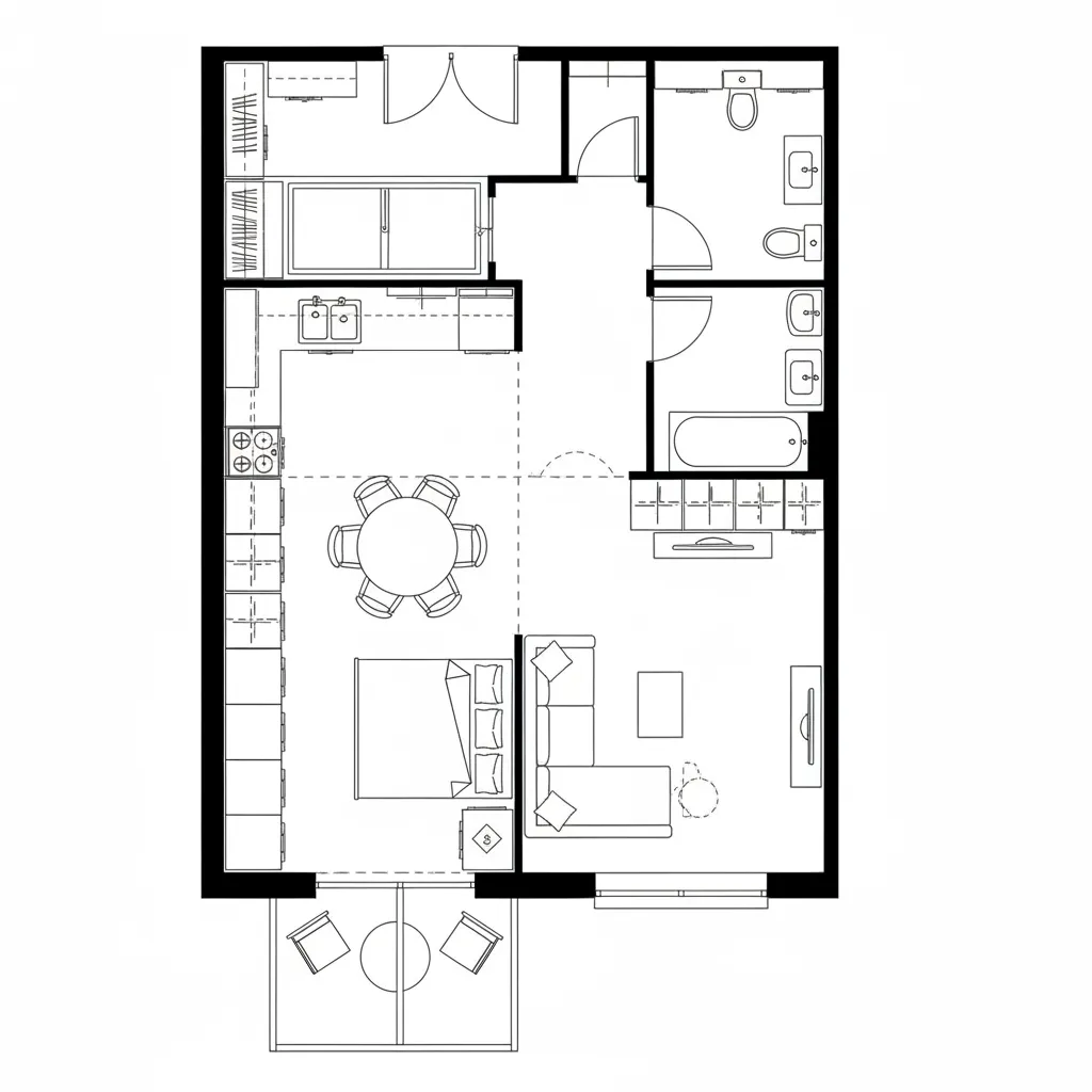 Studio apartment interior design drawing with open kitchen dining table sofa bed and two separate bathrooms
