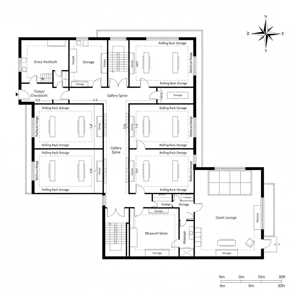Top-down CAD plan of a linear museum spine with alternating pocket galleries