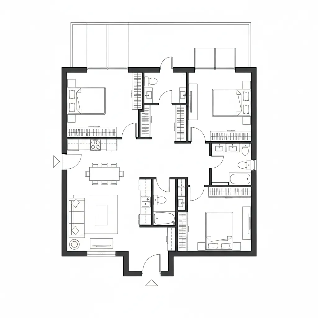 Top-down CAD plan with central hallway spine and bedrooms branching as private nodes