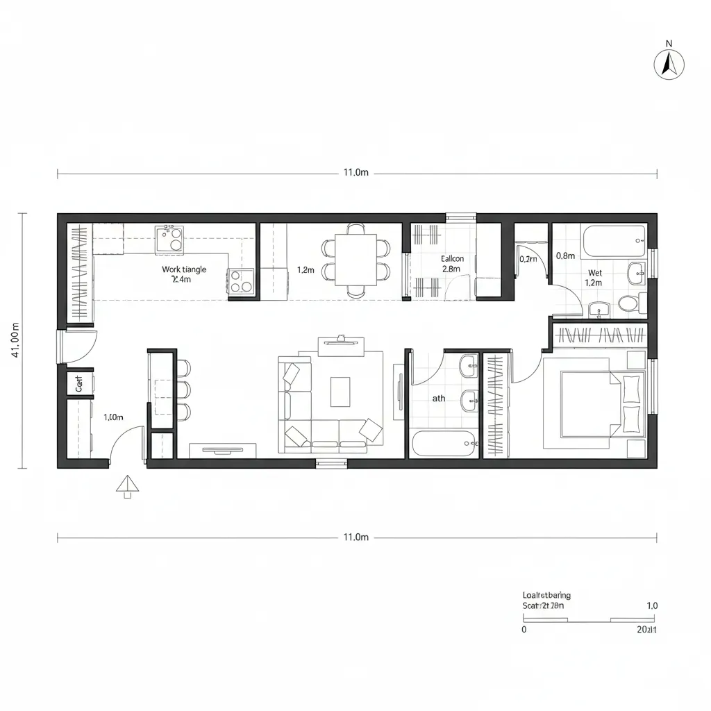 Top-down CAD plan of a linear loft spine with pocket-partitioned bedroom