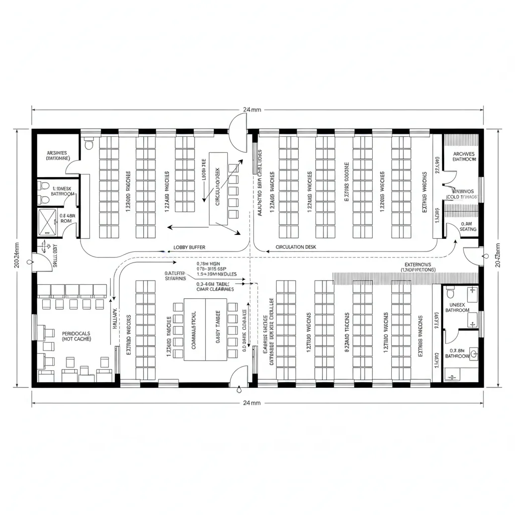 Interior design drawing showing a detailed library floor plan with many bookshelves and study desk areas