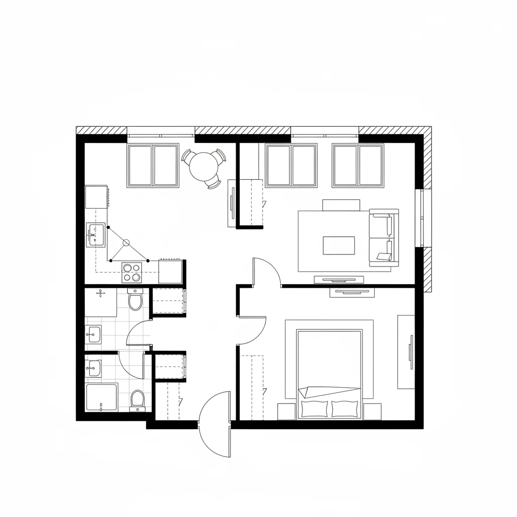 Interior design drawing of studio apartment with kitchen dining table living area bedroom and bathroom