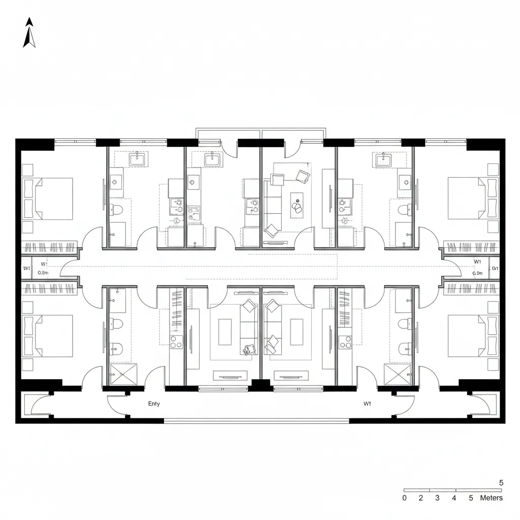 Top-down CAD floor plan of six linear units in a single bar with galley cores and axial sightlines
