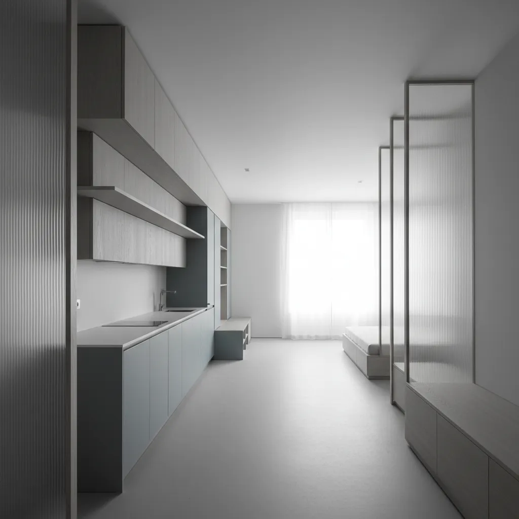 Minimalist interior design drawing of long narrow studio with kitchen cabinets bed and glass room dividers