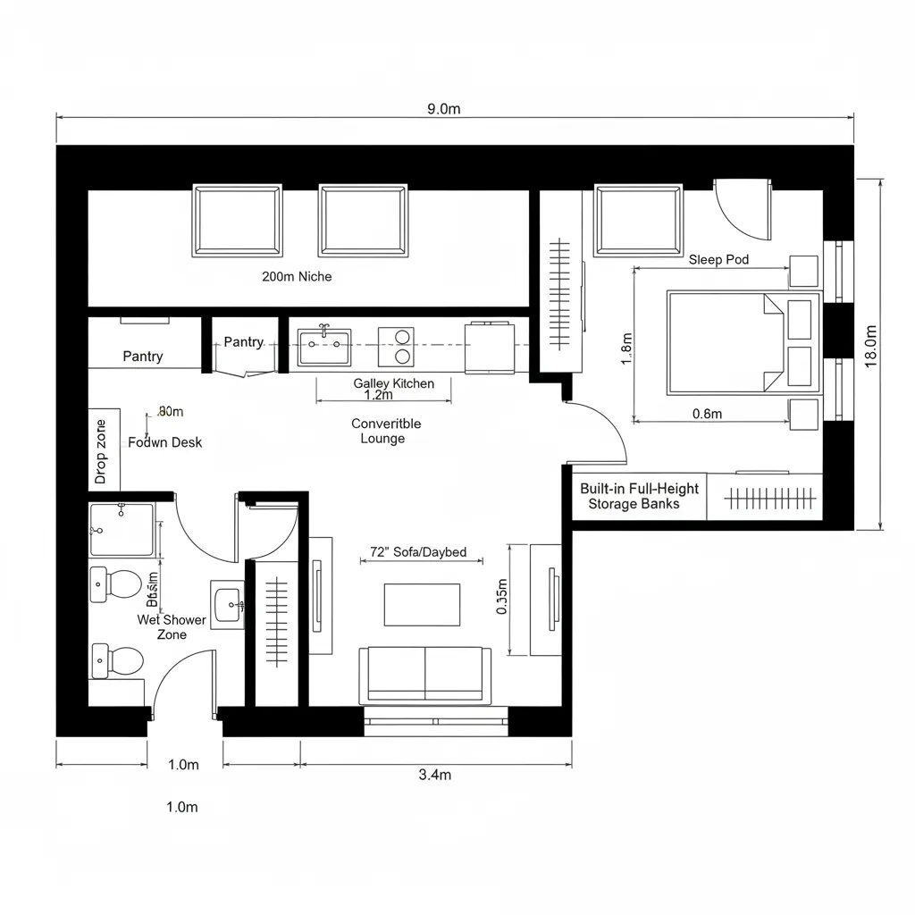 Top-down CAD plan of a linear studio with corridor spine, galley kitchen, lounge, and sleep pod
