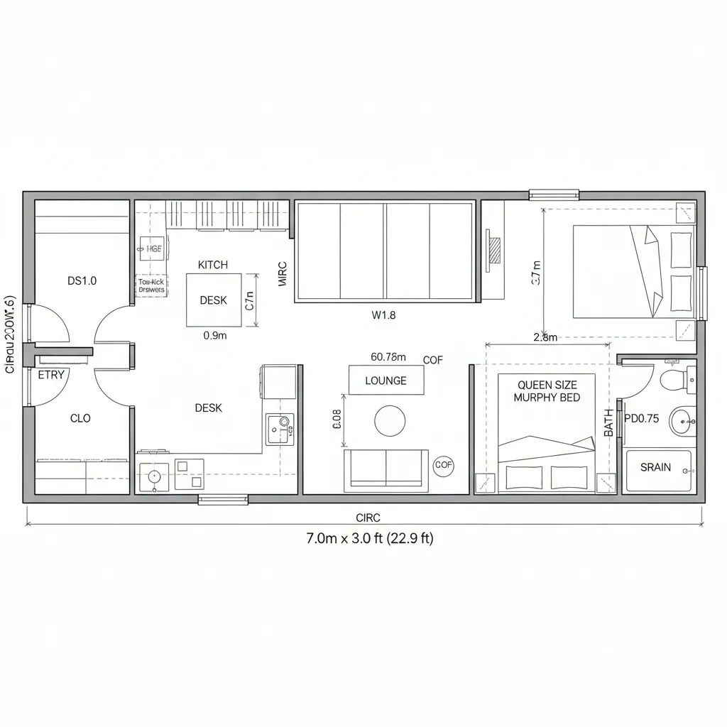 Top-down CAD plan of a linear 225 sq ft studio with sequential zones