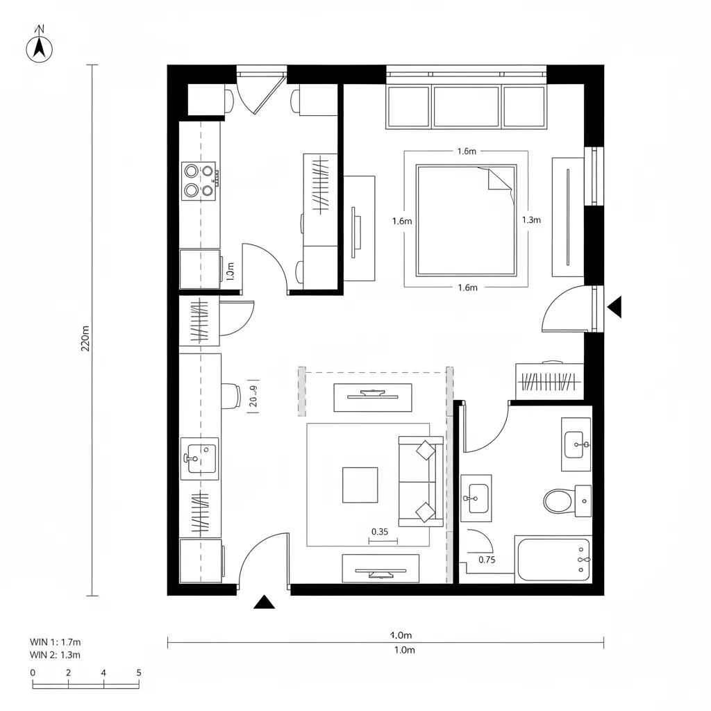 Top-down CAD plan of a studio with a single circulation spine and layered zones