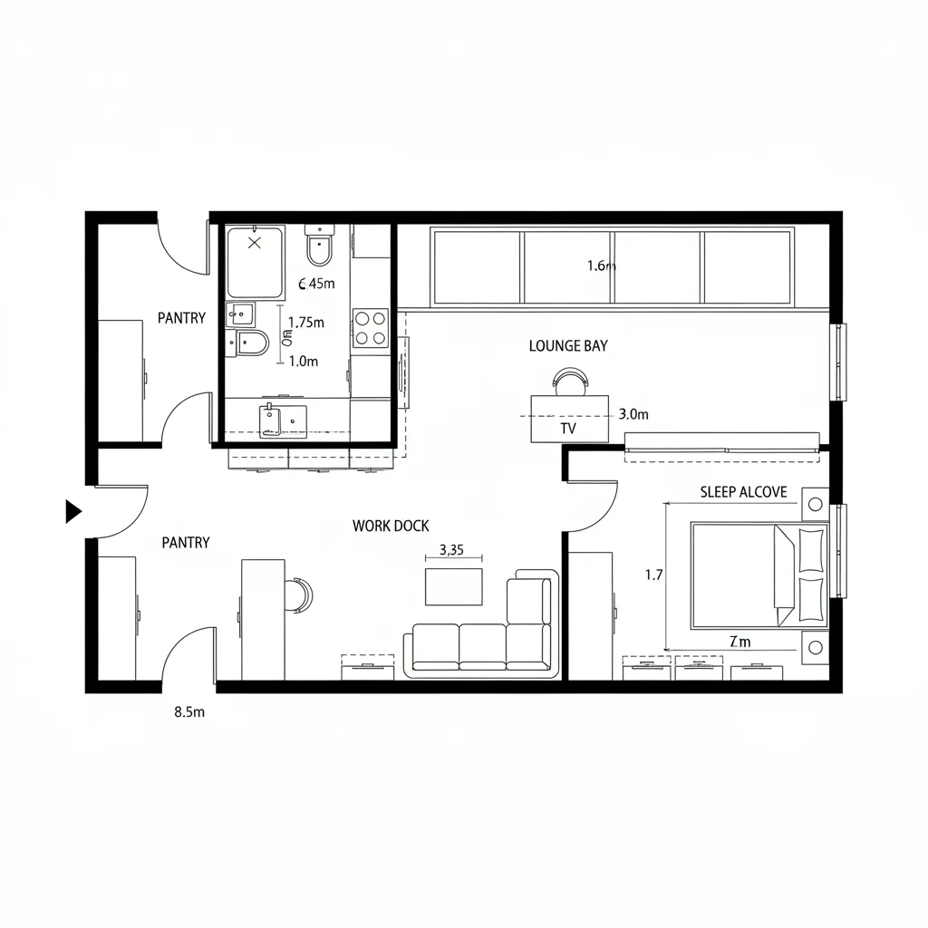 Top-down CAD plan of a linear studio spine with sequential kitchen, work, lounge, and sleep zones