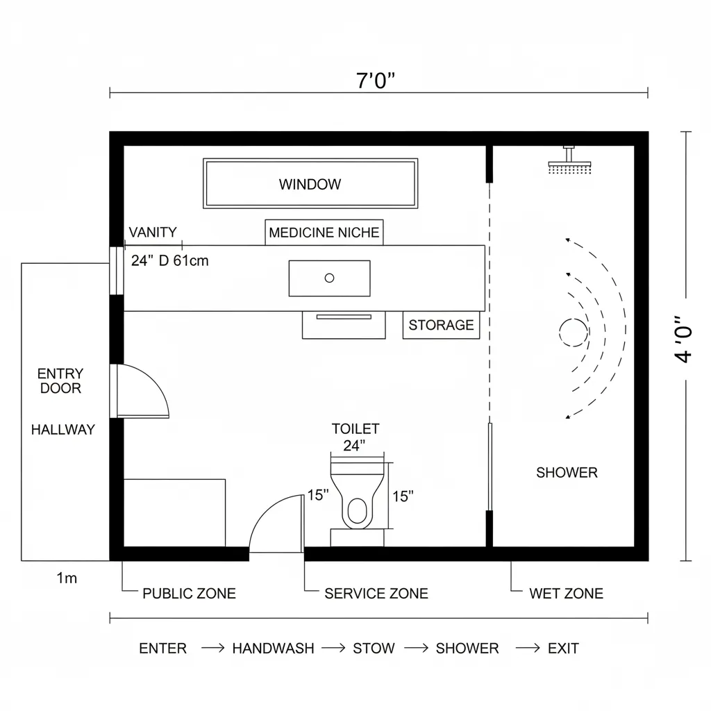 Detailed bathroom floor plan showing shower area toilet medicine niche window and vanity with sink storage