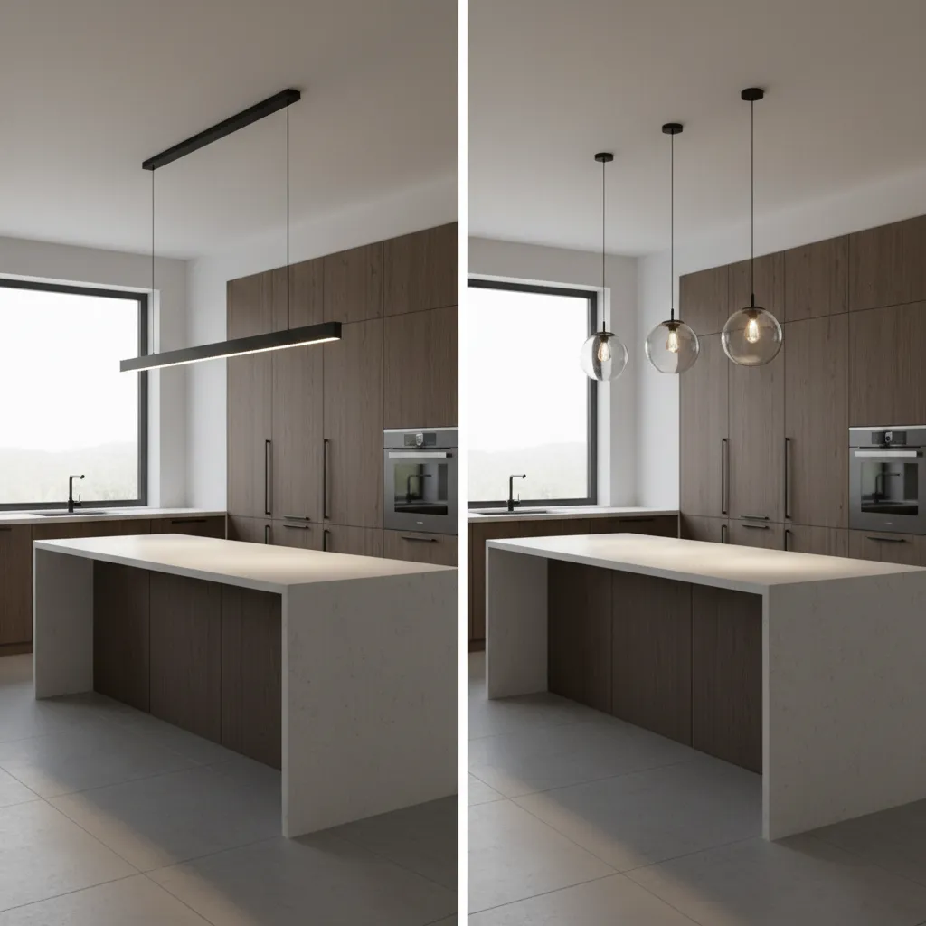 comparison of linear kitchen island light versus multiple pendant lights