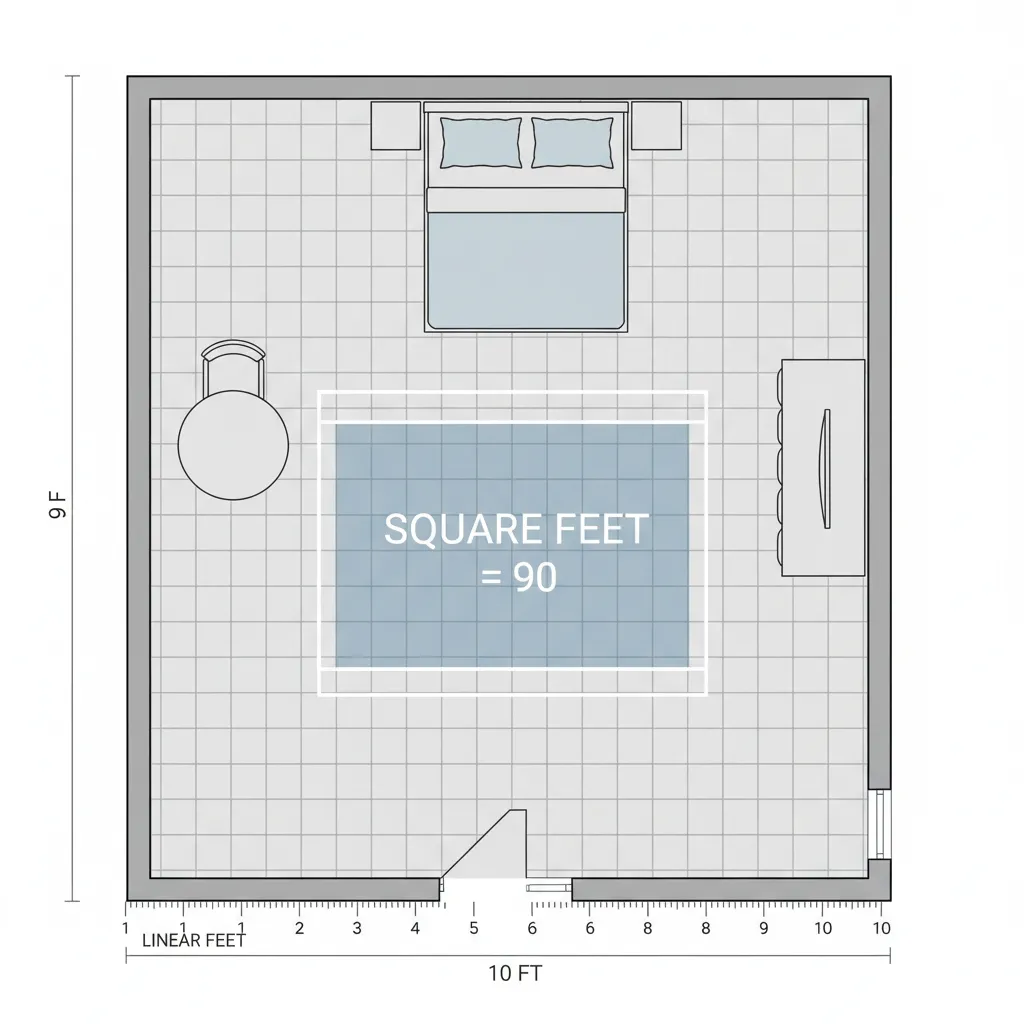 Diagram explaining difference between linear feet and square feet in room measurement