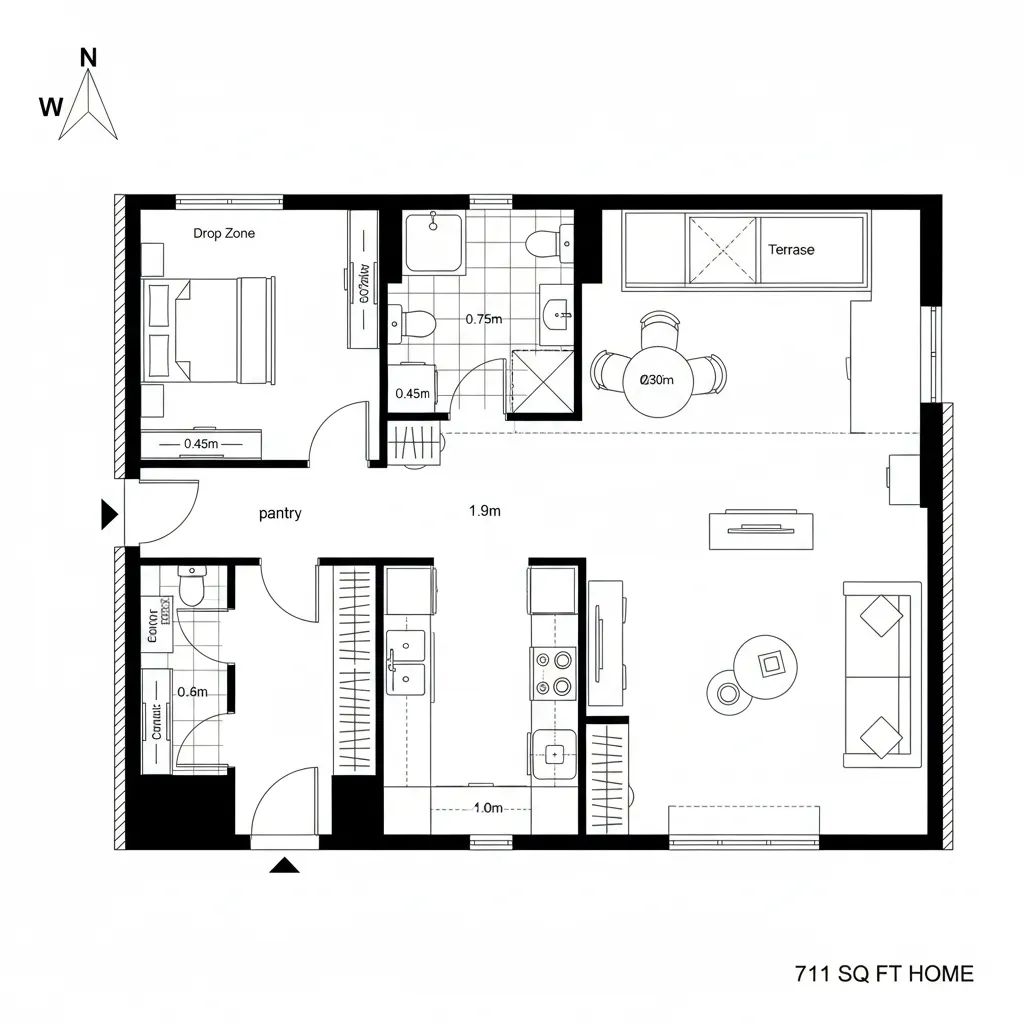 Top-down CAD floor plan showing linear entry to kitchen to living to west terrace
