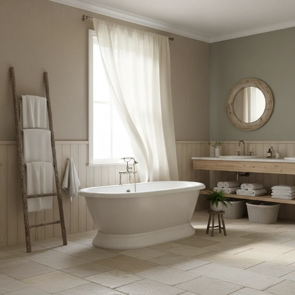 Linen curtain and cotton towels in bright rustic bathroom