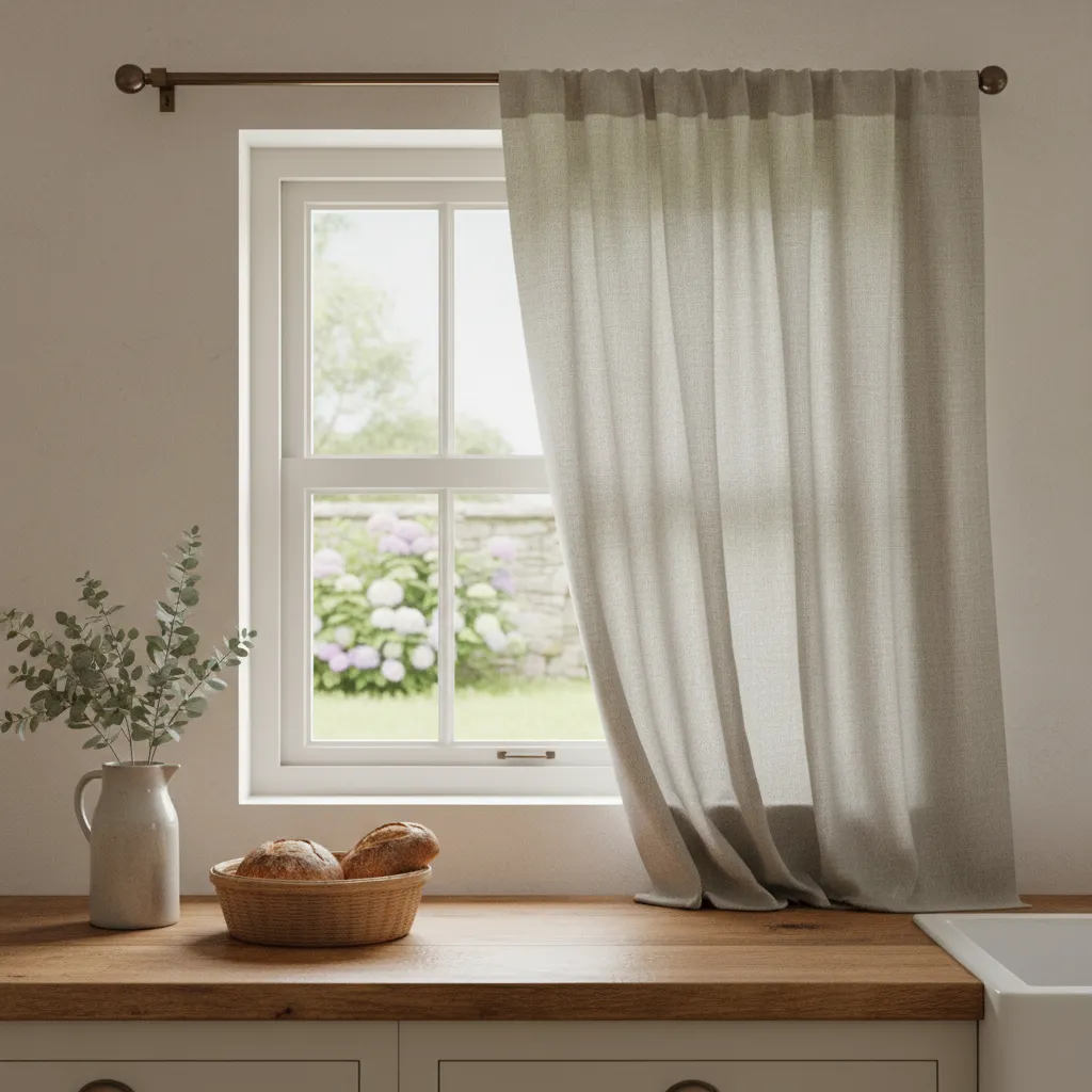 Neutral linen blend kitchen curtain with soft texture in farmhouse style kitchen